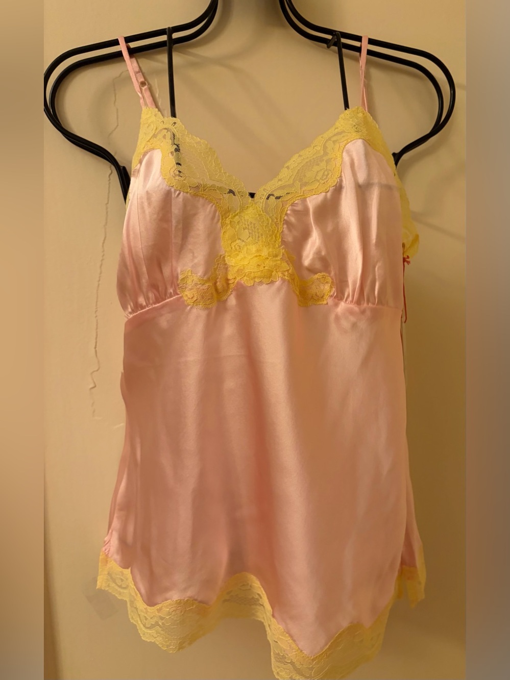 Delicate Pink Satin Camisole with Yellow Lace Trim